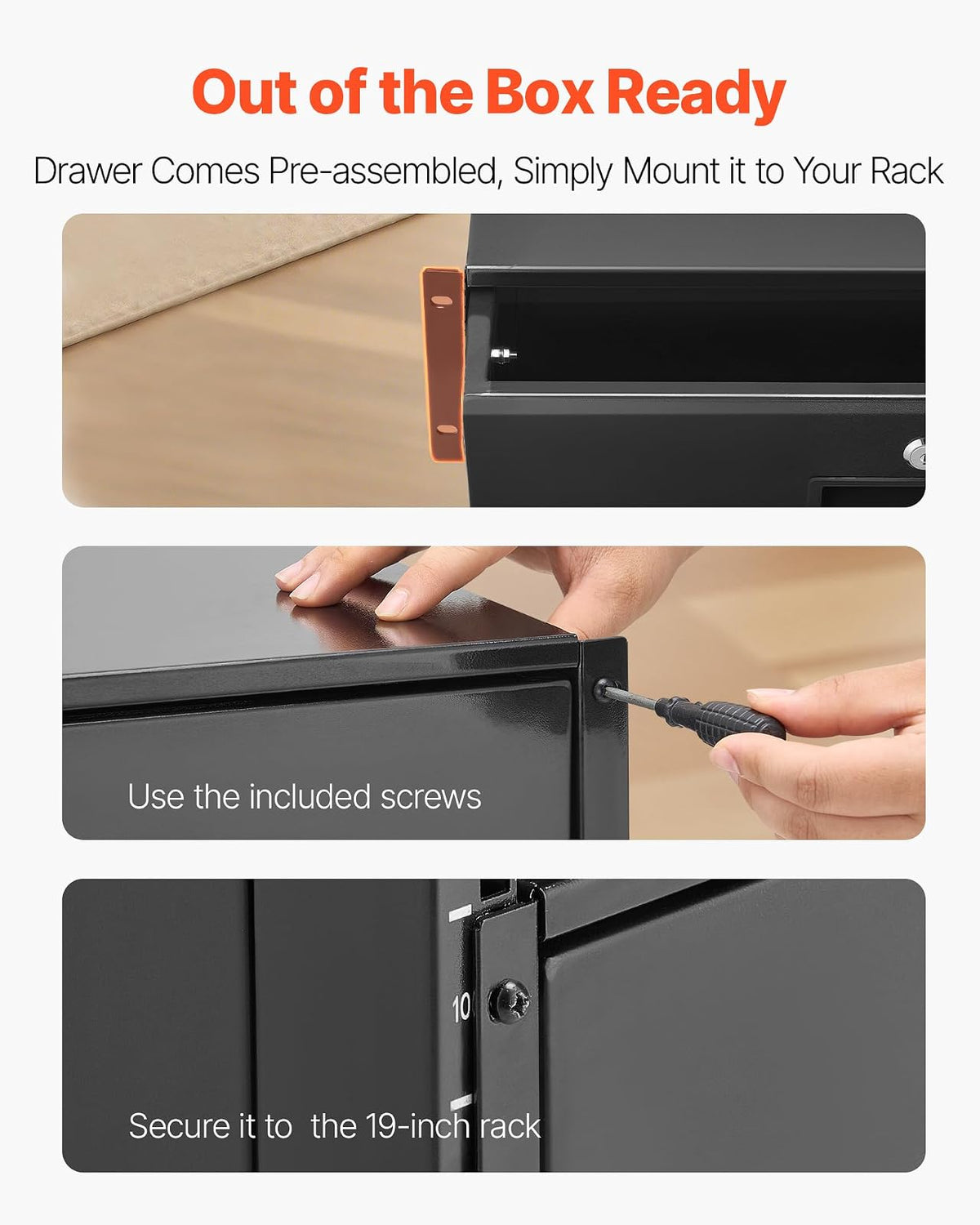 VEVOR Cajón para Montaje en Rack de 3U, Carga de 22,68 kg, Cajón Deslizante con Cerradura y Orificios para Gestión de Cables, para Rack o Gabinete de AV para Servidores de Equipos de Red de 48,26 cm