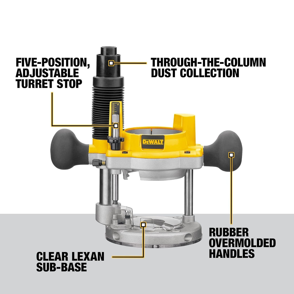 Dewalt DW618PKB 2-1/4 caballos de fuerza EVS Combinación de rebajadora de base fija y base ajustable con velocidad electrónica variable, inicio suave
