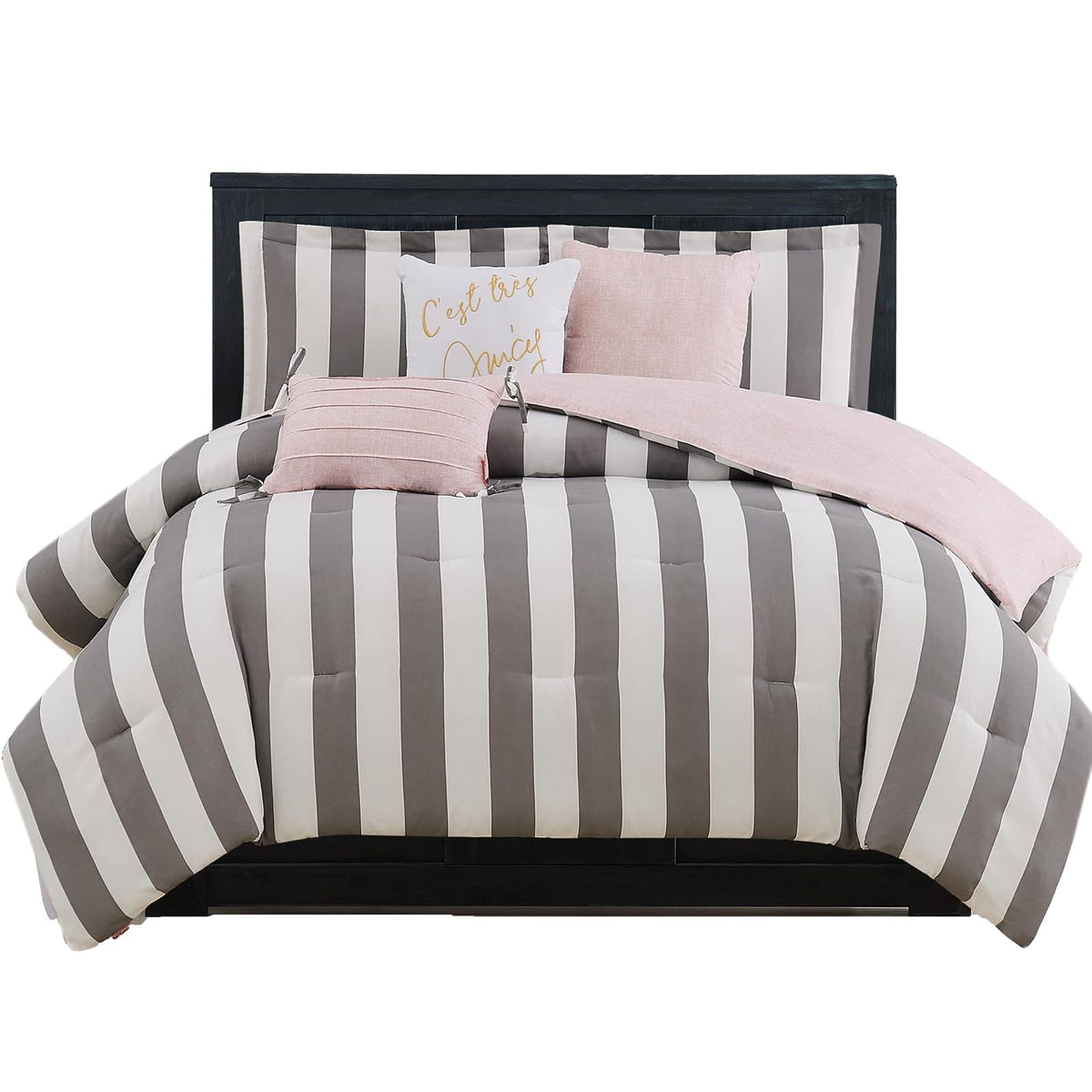 Juicy Couture - Juego de edredón, diseño de Rayas de cabaña, Juego de Cama Individual, Juego de 5 Piezas Incluye 1 edredón, 1 Funda y 3 Almohadas Decorativas, 100% Microfibra de poliéster, Resistente