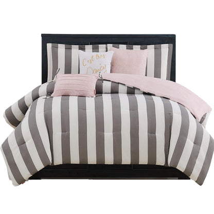 Juicy Couture - Juego de edredón, diseño de Rayas de cabaña, Juego de Cama Individual, Juego de 5 Piezas Incluye 1 edredón, 1 Funda y 3 Almohadas Decorativas, 100% Microfibra de poliéster, Resistente