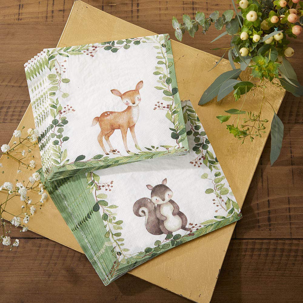 Kate Aspen Woodland - Decoraciones para baby shower, 62 piezas, platos de papel desechables y servilletas, suministros de fiesta para 16 invitados, tema de animales del bosque para decoración de mesa