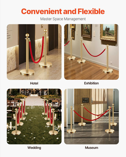 VEVOR 4 PCS Poste de Estaca de Acero Inoxidable de 1,5 m con Base Hueca de Inyección de Arena y 2 Cuerdas de Terciopelo Rojo, Barreras de Control de Multitudes para Teatro, Fiesta, Boda, Dorado