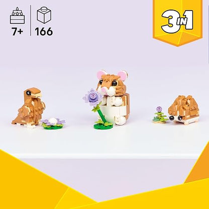 LEGO Creator “3 en 1” Lindo Hámster con Flor – Juguete con 3 Formas de Construirlo: Hámster, Erizo o Águila – Figuras de Animales para Niñas y Niños de 7 Años o Más – 31376