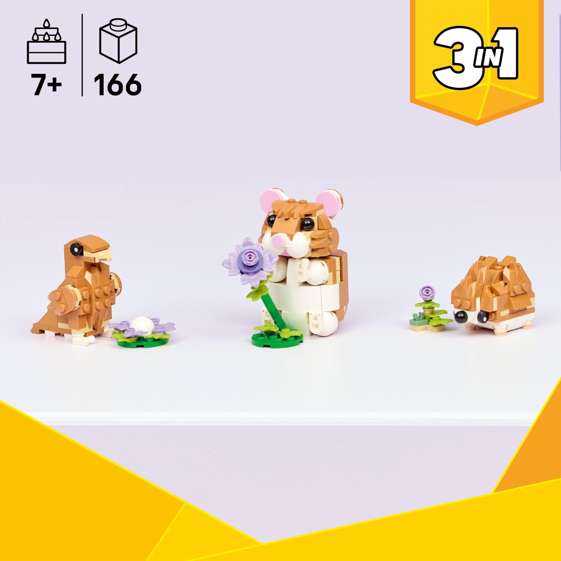 LEGO Creator “3 en 1” Lindo Hámster con Flor – Juguete con 3 Formas de Construirlo: Hámster, Erizo o Águila – Figuras de Animales para Niñas y Niños de 7 Años o Más – 31376