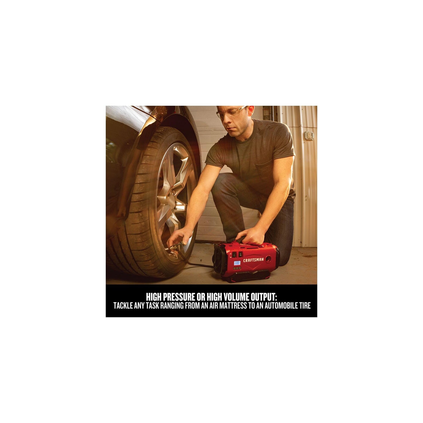 CRAFTSMAN V20 Inflador de neumáticos, compresor de aire portátil, 3 modos: sin cable, cable de 120 V y adaptador de coche de 12 V, bomba de aire, batería se vende por separado (CMCE520B)