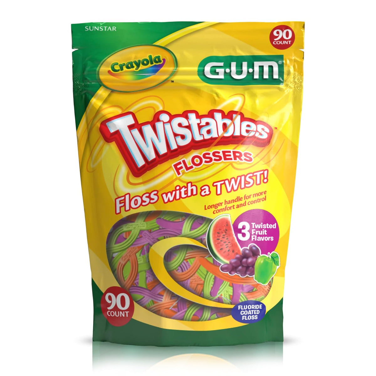 GUM Crayola Twistables Flossers Niños Fluoruro 90 U | Sandía, uva, manzana, 3 sabores, fluoruro, mango ergonómico