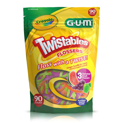 GUM Crayola Twistables Flossers Niños Fluoruro 90 U | Sandía, uva, manzana, 3 sabores, fluoruro, mango ergonómico
