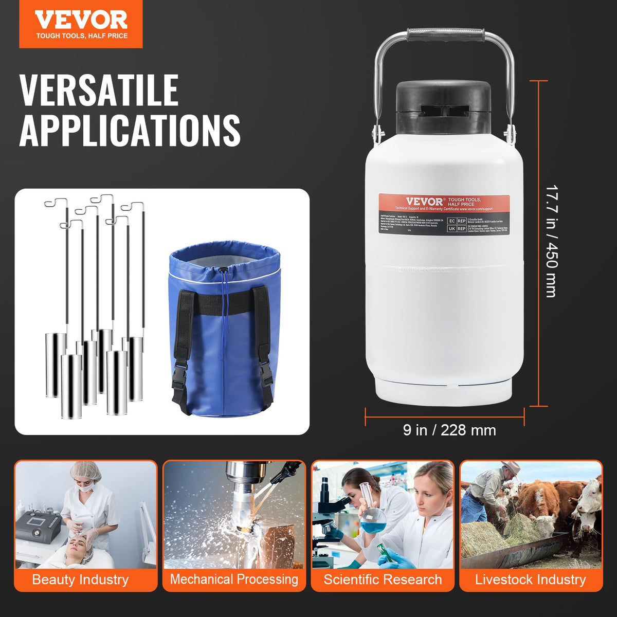 VEVOR Tanque de nitrógeno líquido, contenedor de nitrógeno líquido de aleación de aluminio de 3 L, Dewar de tanque LN2 con 6 botes y bolsa de transporte con correas