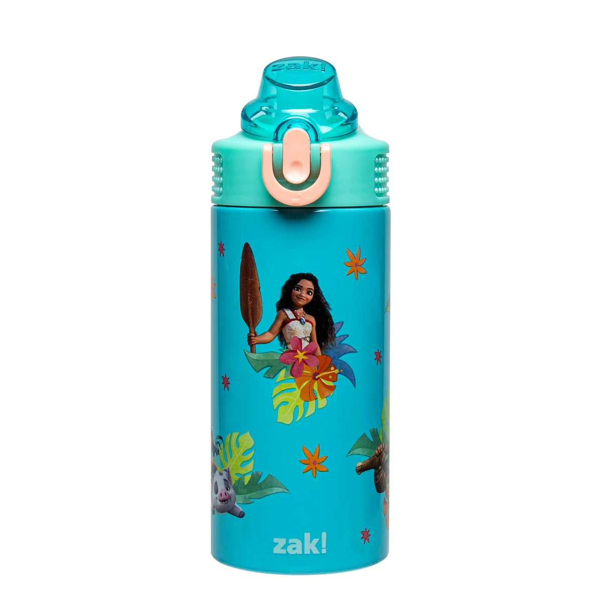 Zak Designs Disney Moana Sage - Botella de agua para niños para la escuela o los viajes, botella de agua de acero inoxidable de 14 onzas con popote, mango y a prueba de fugas, cubierta de boquilla