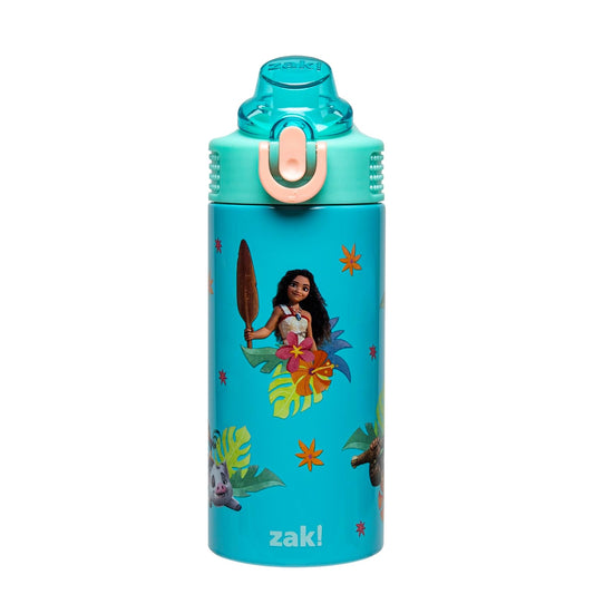 Zak Designs Disney Moana Sage - Botella de agua para niños para la escuela o los viajes, botella de agua de acero inoxidable de 14 onzas con popote, mango y a prueba de fugas, cubierta de boquilla