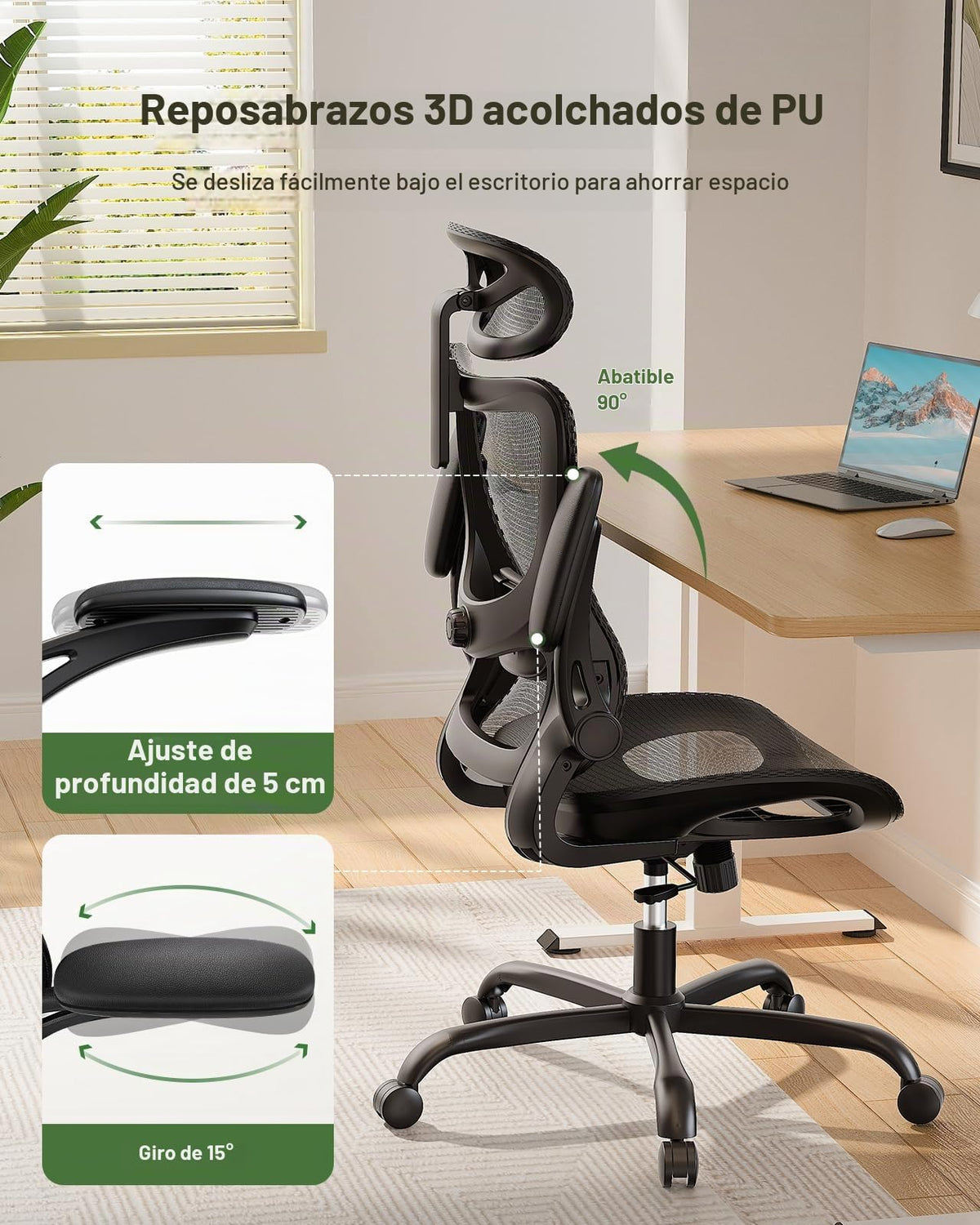 Silla de Oficina Ergonómica Marsail: Silla de Computadora con Malla de Respaldo Alto, Soporte Lumbar Ajustable, Reposabrazos y Ruedas 3D