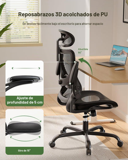 Silla de Oficina Ergonómica Marsail: Silla de Computadora con Malla de Respaldo Alto, Soporte Lumbar Ajustable, Reposabrazos y Ruedas 3D