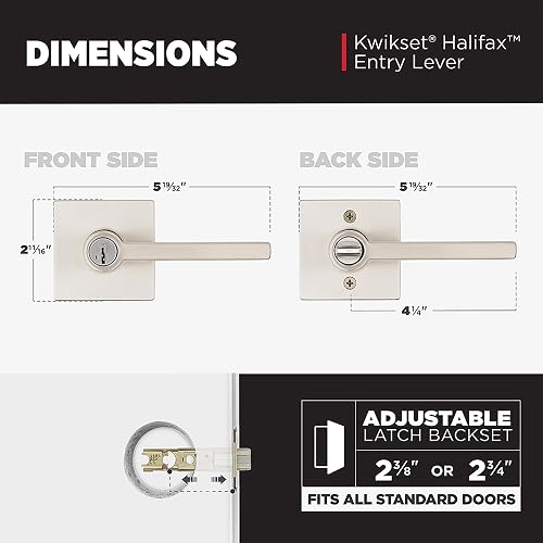 Kwikset Halifax - Manija de puerta de entrada con cerradura y llave, palanca reversible con llave segura, exterior, para entrada frontal y dormitorios, níquel satinado, seguridad Smartkey Rekey y