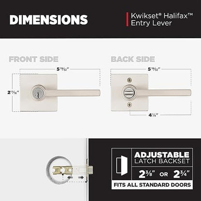 Kwikset Halifax - Manija de puerta de entrada con cerradura y llave, palanca reversible con llave segura, exterior, para entrada frontal y dormitorios, níquel satinado, seguridad Smartkey Rekey y