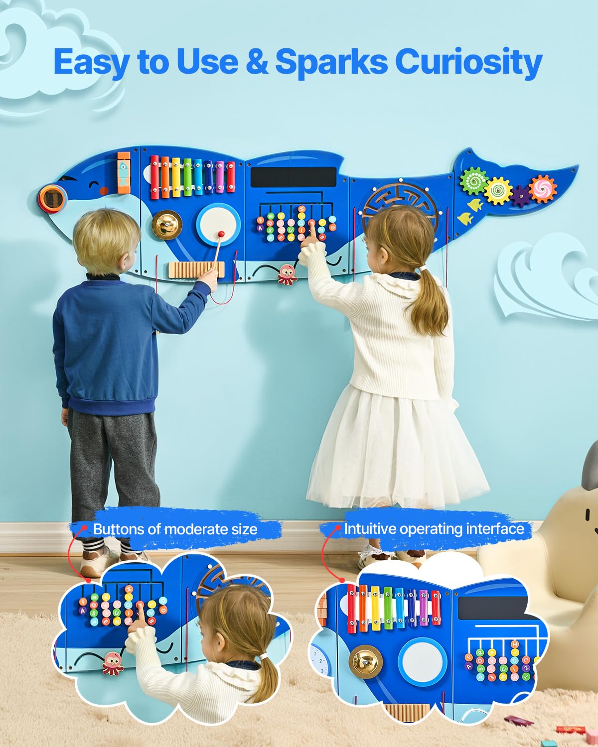 VEVOR Paneles de Actividades de Pared con Forma de Orca, 12 Actividades, Juguete Sensorial de Pared Montessori para Niños de 3 a 12 Años para Salas de Juegos Infantiles y Aulas de Guardería