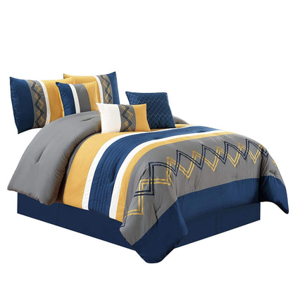 Chezmoi Collection Arden - Juego de edredón Moderno de 7 Piezas con diseño de Rayas Plisadas Bordadas en Zigzag (California King, Azul Marino/Gris/Amarillo/Blanco)