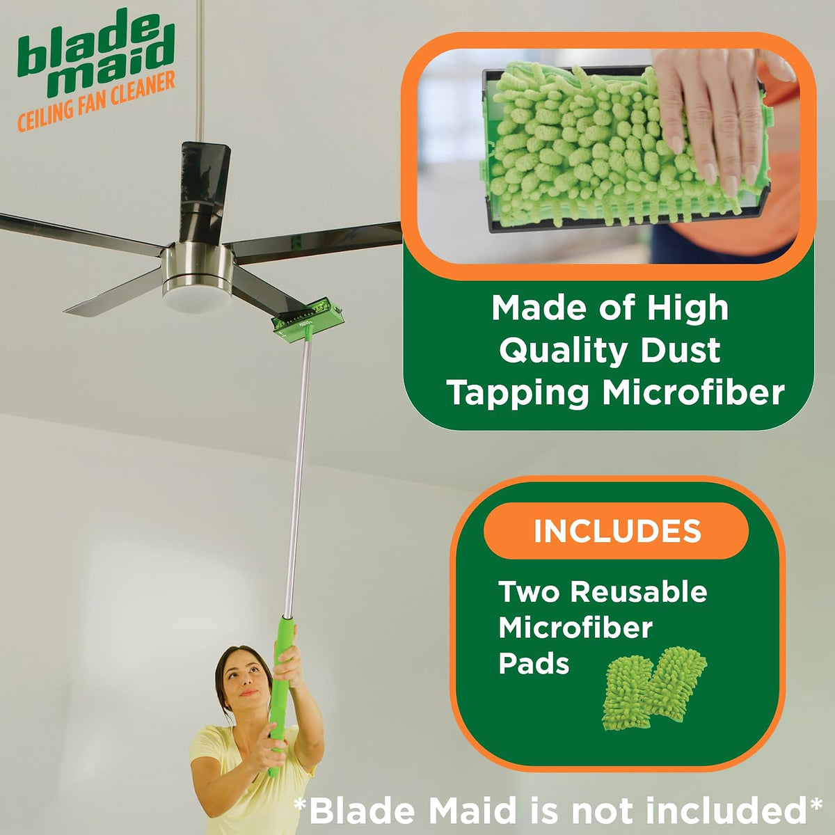 Blade Maid - Almohadillas para Orejas limpiadoras de Microfibra para Ventilador de Techo | Almohadillas para Orejas Reutilizables de Repuesto para Limpieza de Hojas con Poste Extensible, Plumero de