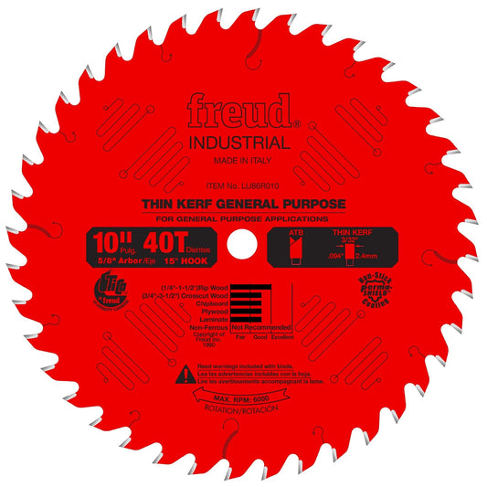 Freud Thin Kerf - Hoja de sierra de uso general con mezcla de carburo de alta densidad Tico para un máximo rendimiento, diámetro de 10 pulgadas, 40 dientes, ATB Grind - LU86R010