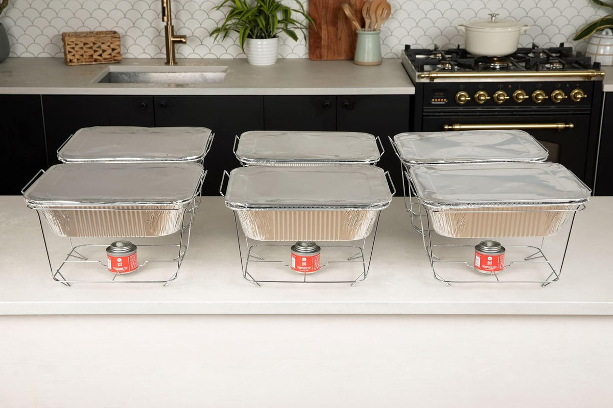 Alpha Living - Juego de 6 Platos Desechables, Juego de bufé para triturar Platos, sartenes de tamaño Medio, Calentadores de Alimentos Soldados para Fiestas, latas de Combustible, bandejas de