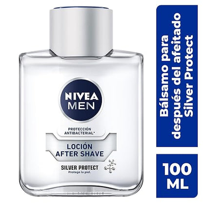 NIVEA MEN Loción Aftershave Silver Protect (100ml) Antibacterial con Iones de Plata Después Afeitado con Manzanilla y Pro Vitamina B5