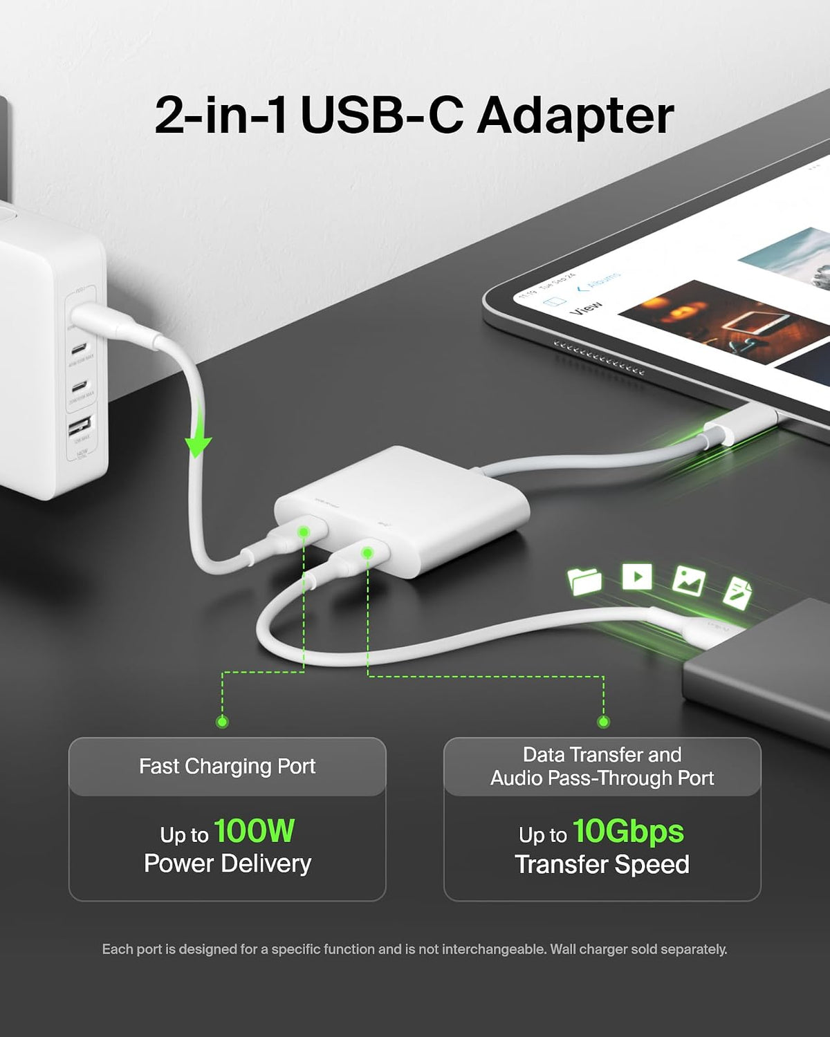 Belkin Connect USB-C Power & Data Splitter, concentrador de Doble Puerto con 1 Puerto USB-C 3.2 Gen2 y 1 Puerto PD de 100 W para Carga simultánea y Transferencia de Datos para iPhone, iPad, Nintendo