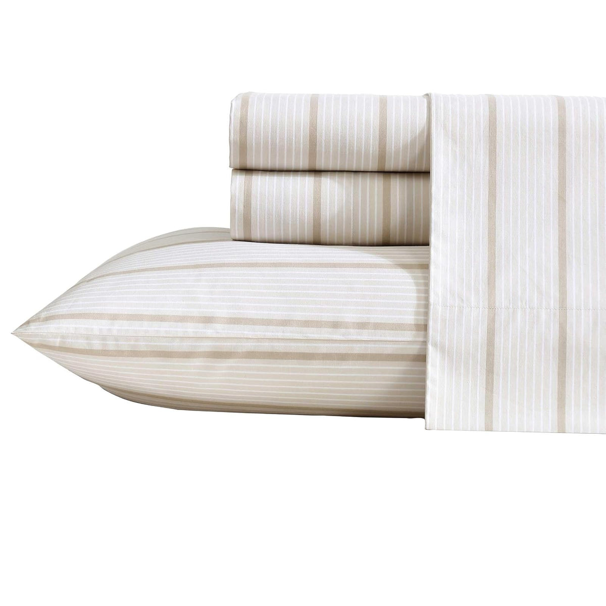 Nautica Juego de Sábanas de Percal de Algodón, Certificado Oeko-Tex - Merrick Stripe Beige - Reina