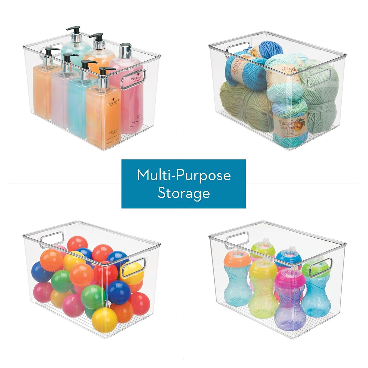 iDesign Linus - Contenedor de almacenamiento profundo de plástico sin BPA con asas, 12 x 8 x 7.7 pulgadas, transparente