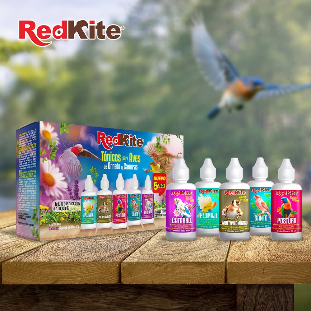 Redkite Tónicos 5 Pack Surtido Canto, Plumaje, Postura, Catarro y Multivitamínico para Aves