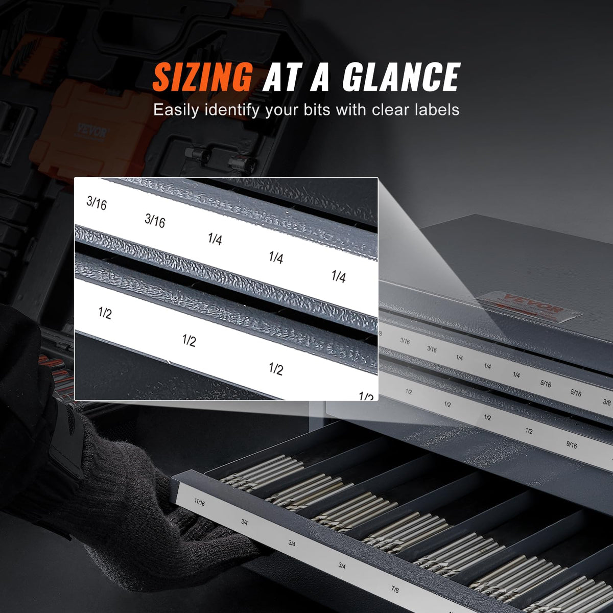 VEVOR - Dispensador de molino de extremo – Gabinete organizador de molino de extremo de tres cajones, acero laminado en frío, tamaños fraccionales de 1/8 a 1 pulgada