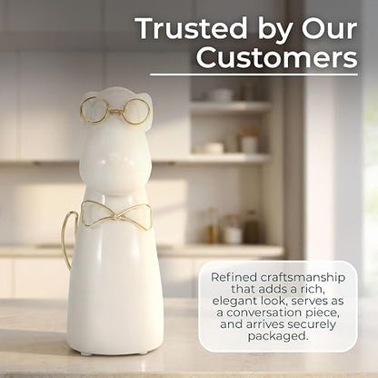 Sagebrook Home Figura de cerámica para Cachorros de 7 Pulgadas con anteojos y Pajarita, Escultura contemporánea de Perro Blanco y Dorado para decoración de Mesa del hogar u Oficina