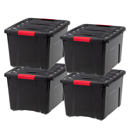 IRIS USA - Contenedores apilables de almacenamiento de plástico de 94 cuartos con tapas, paquete de 4 unidades, sin BPA, fabricado en Estados Unidos, solución de organización de cochera, cierres - 38 L. - Paquete de 4 - 38 L. - Paquete de 4