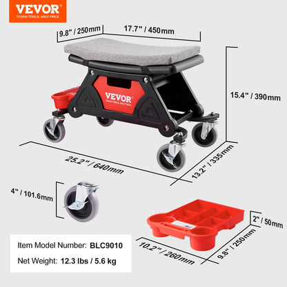 VEVOR Taburete de Taller Móvil 640 x 335 x 390 mm, Carga 136 kg Taburete de Mecánico con 2 Ruedas Asiento con Cerradura 450 x 250 mm con Bandejas de Herramientas para Mantenimiento, Reparación