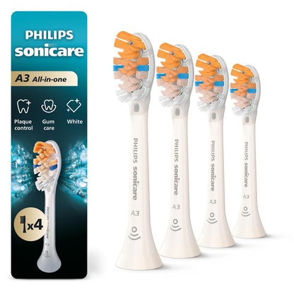 Philips Sonicare Premium All-in-One (A3) Cabezales de repuesto para cepillo para polvo de dientes, HX9094/65, Smart Recognition, blanco, paquete de 4
