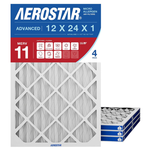 Aerostar MERV 11 - Filtro de aire de 12 x 24 x 1 (para alergias, polvo | Tamaño real (11.75 x 23.75 x 0.75) filtro de CA, filtro de horno, polvo, caspa de mascotas, humo y alergias MERV 11 (MPR 1200