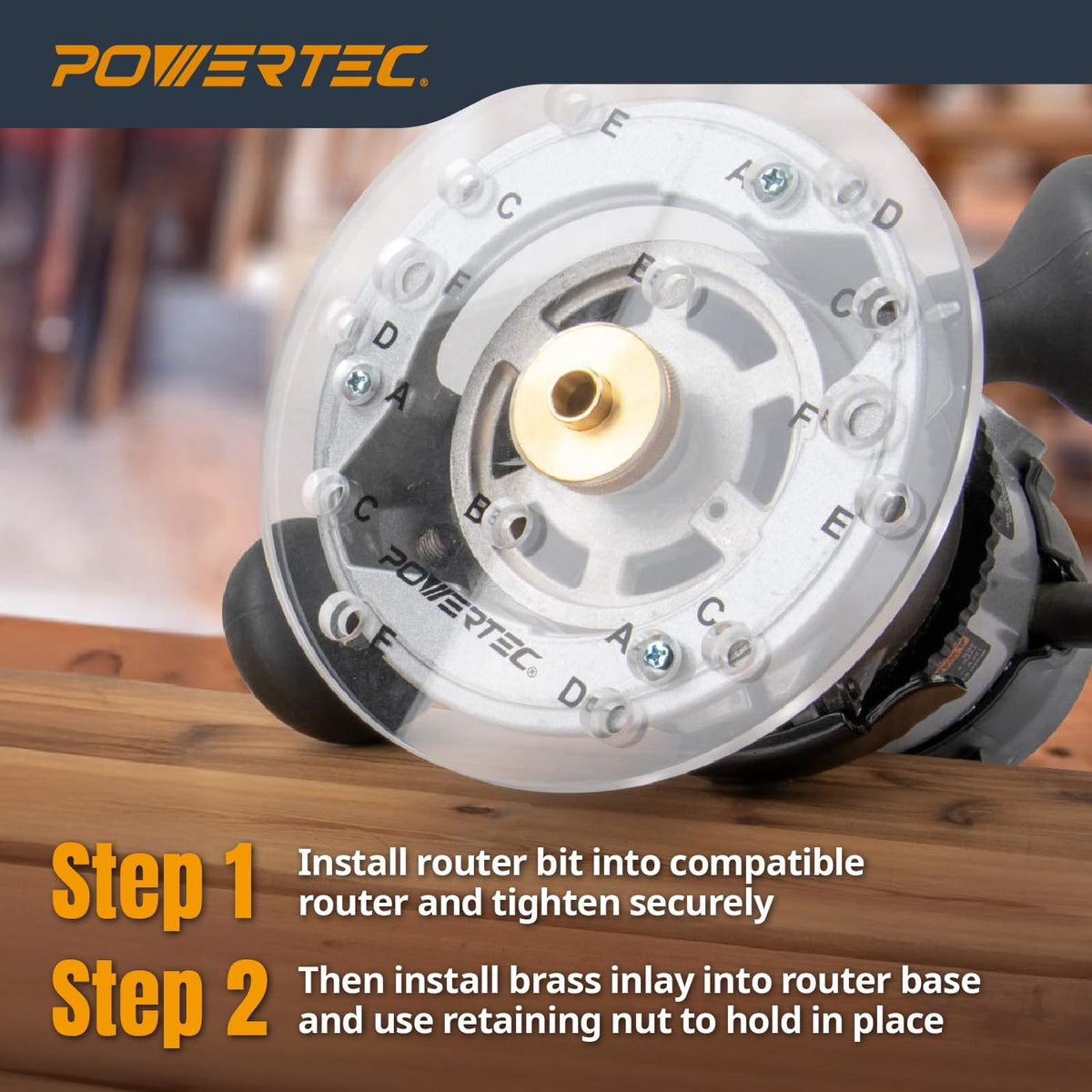 POWERTEC - Kit de incrustaciones de latón con juego de guía de bujes de enrutador + pasador de centrado, collar y broca de carburo sólido de 1/8 pulgadas de diámetro x vástago de 1/4 pulgadas
