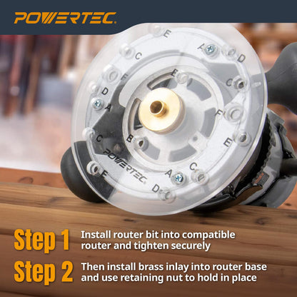 POWERTEC - Kit de incrustaciones de latón con juego de guía de bujes de enrutador + pasador de centrado, collar y broca de carburo sólido de 1/8 pulgadas de diámetro x vástago de 1/4 pulgadas