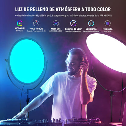 NEEWER 18" RGB LED Redondo Panel Luz Vídeo con Control App, 65W 6000Lux/0.5m 2500K-8500K RGBCW Iluminación Estudio Fotografía /18 Escenas/V Batería Alimentada para Exterior Grabación Streaming, GR18C