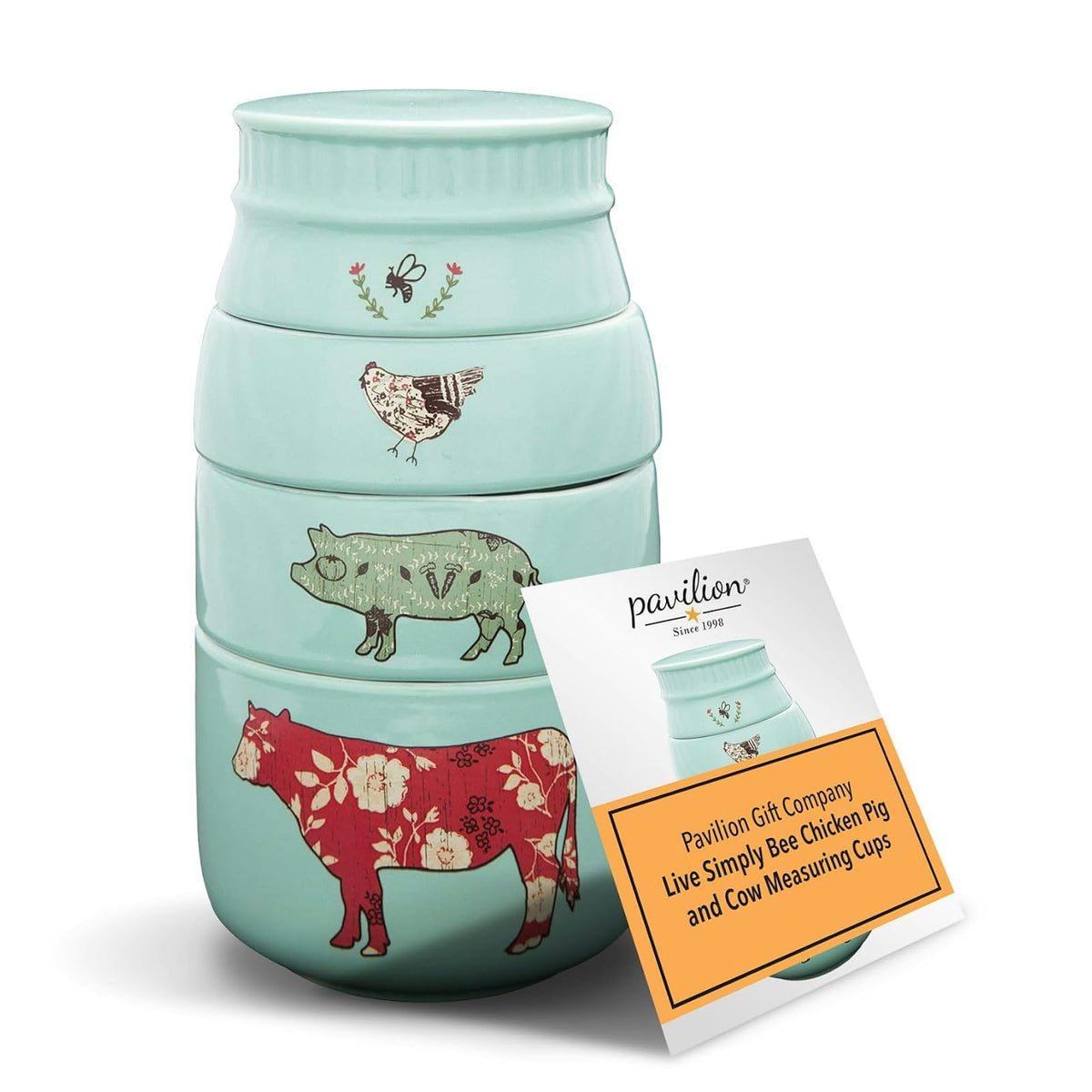 Pavilion Gift Company Live Simply Bee - Tazas medidoras de pollo y vaca, color verde azulado