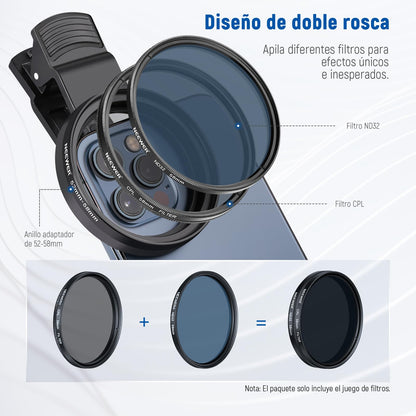 NEEWER 58mm Kit de Filtro de Lente con Clip de Lente de Teléfono, CPL, ND32, Filtro Estrella 6 Puntos, Filtros Graduados (4 Colores), Compatible con iPhone 16 15 14 Pro MAX 13 12 11 Canon Nikon Sony