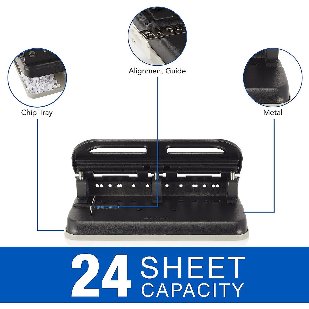 Swingline Perforadora de 2 a 7 agujeros, semiajustable, perforadora de agujeros resistente, fácil al tacto, capacidad de perforación de 24 hojas, color negro (74150)