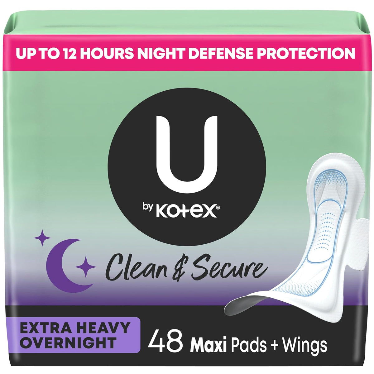 U by Kotex Compresas femeninas de seguridad con alas, absorción extra pesada, sin perfume, 48 unidades (2 paquetes de 24) (el embalaje puede variar)