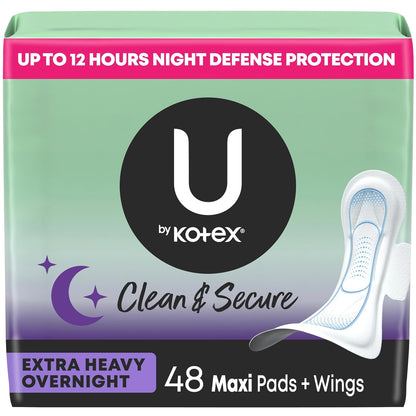 U by Kotex Compresas femeninas de seguridad con alas, absorción extra pesada, sin perfume, 48 unidades (2 paquetes de 24) (el embalaje puede variar)