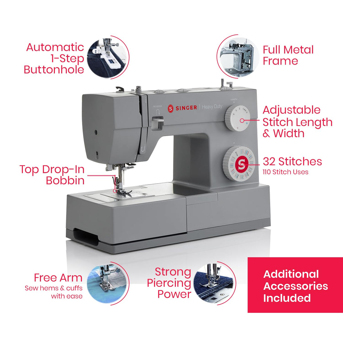 Singer Máquina de Coser 4432 | Gris, kit de accesorios incluido, 110 aplicaciones de puntada, perfecta para principiantes
