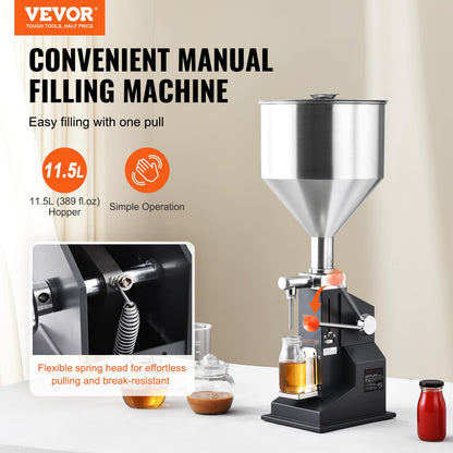 VEVOR Máquina de llenado de líquidos de pasta manual, máquina de llenado de botellas ajustable de 5 a 100 ml, relleno líquido de acero inoxidable con tolva de 11,5 L para leche y agua, jugo de aceite