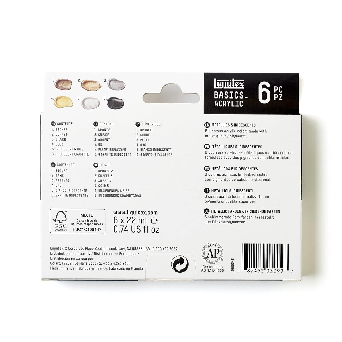 Liquitex Set Metal and Iridescent con 6 Pinturas Acrílicas Basics 22 ml