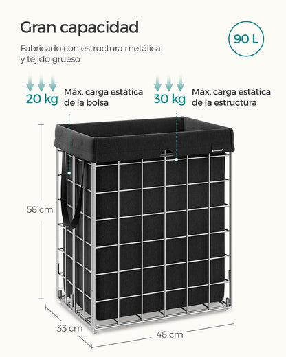 SONGMICS Cesto de Ropa Sucias Plegable con Bolsa Extraíble y Lavable, Marco de Acero, Capacidad 90L, 48x33x58 cm MLCB190B01