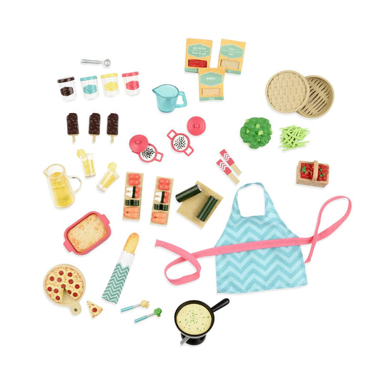 Lori Mercado Gourmet, Set de Comida para muñecas de 15 cm, Pequeño | 41 accesorios con pizza, sushi, fondue, helado, bebidas y delantal; compatible con la mayoría de mini muñecas; 3 años y +