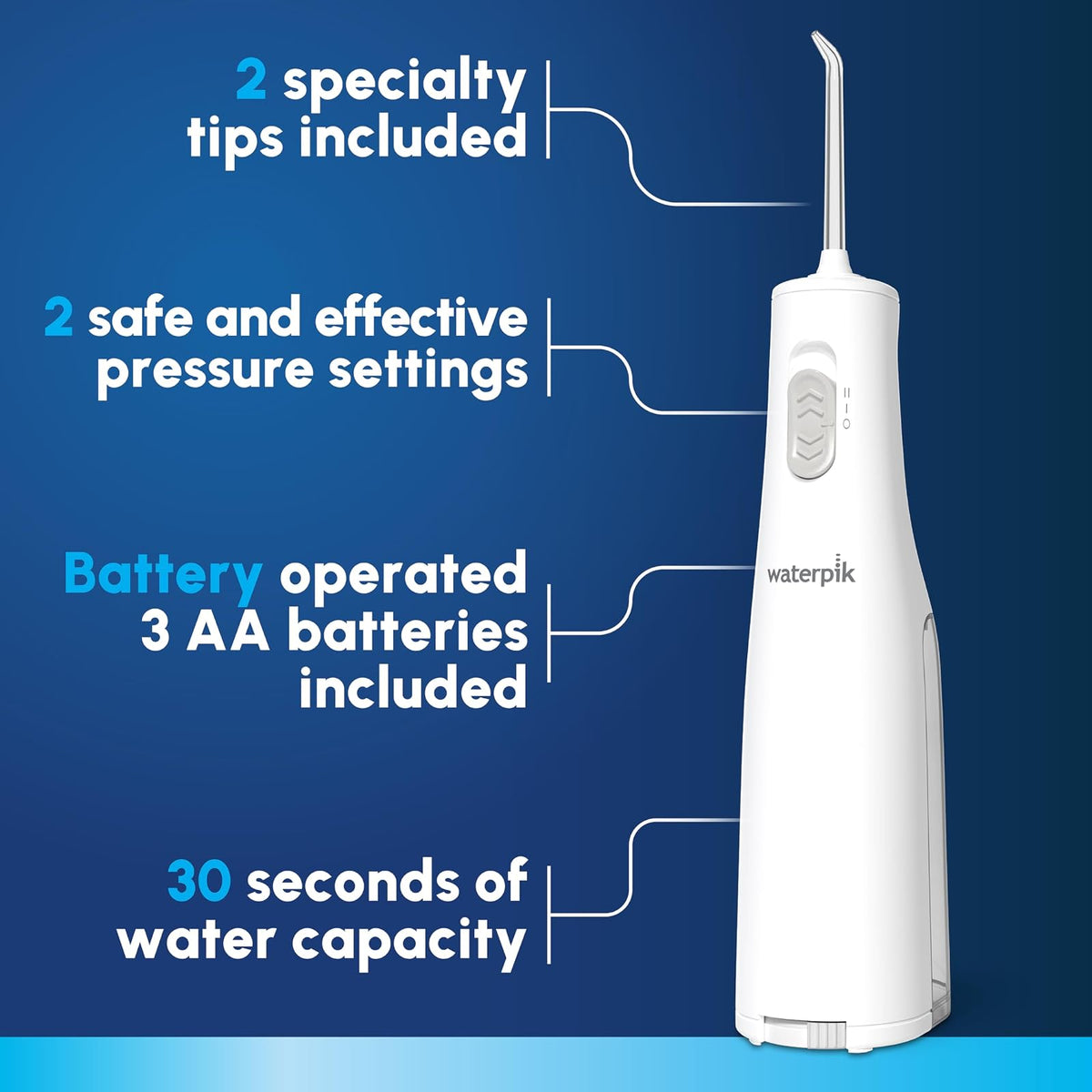 Waterpik - Limpiador de agua inalámbrico, funciona con pilas y portátil para viajes y hogar, Cordless Express aceptado por la ADA, blanco WF-02