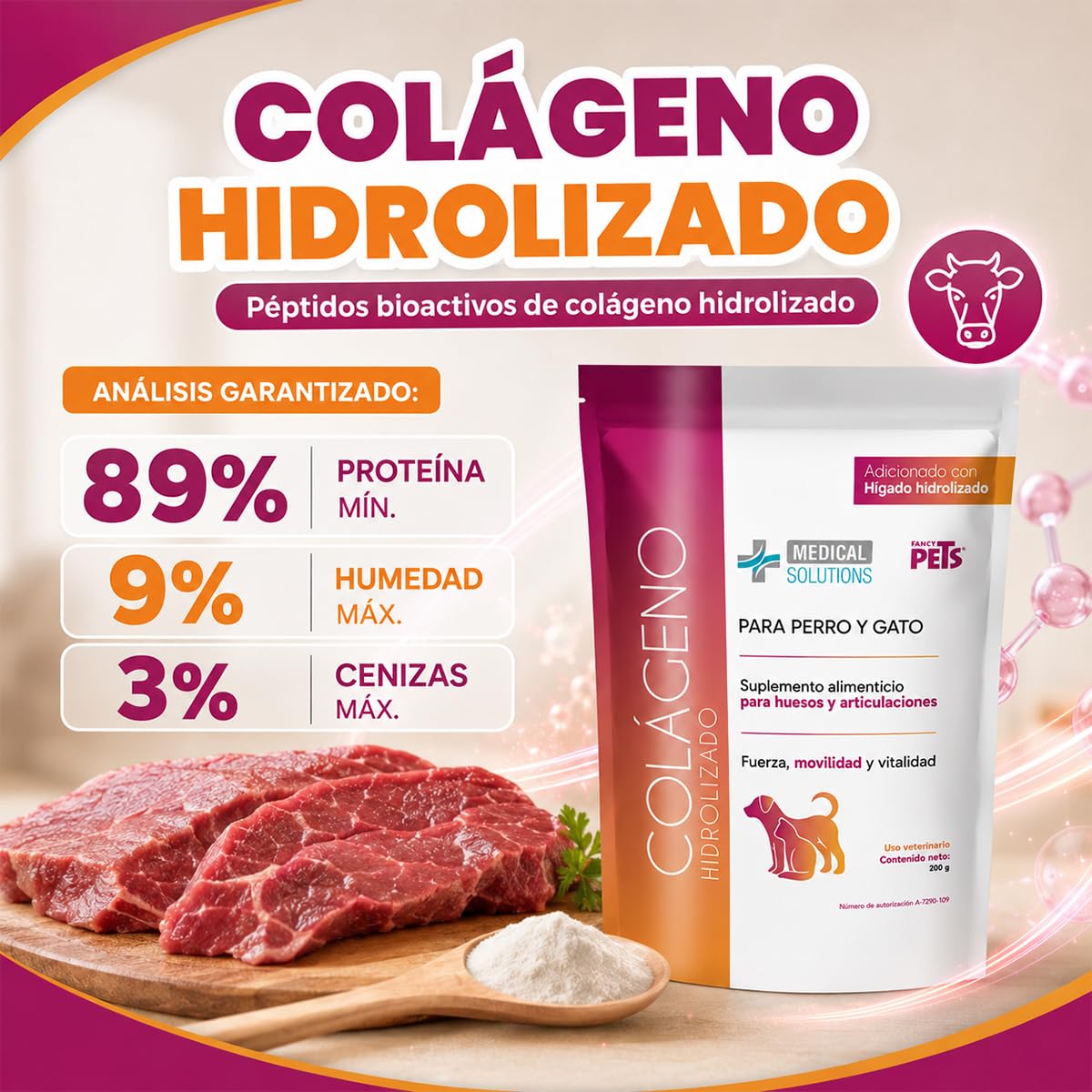 Fancy Pets Medical Solutions Colágeno Hidrolizado para Perros y Gatos - Suplemento para Articulaciones, Huesos y Piel Saludable, 200 g