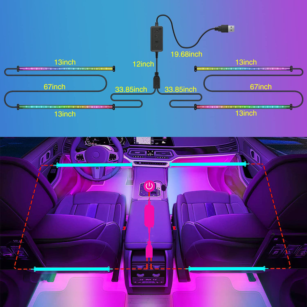 Nilight Luces de Interior RGBIC 72 LED USB 12 V, Multitáctil con App, Modo Música, para Auto y Camión, TL-90